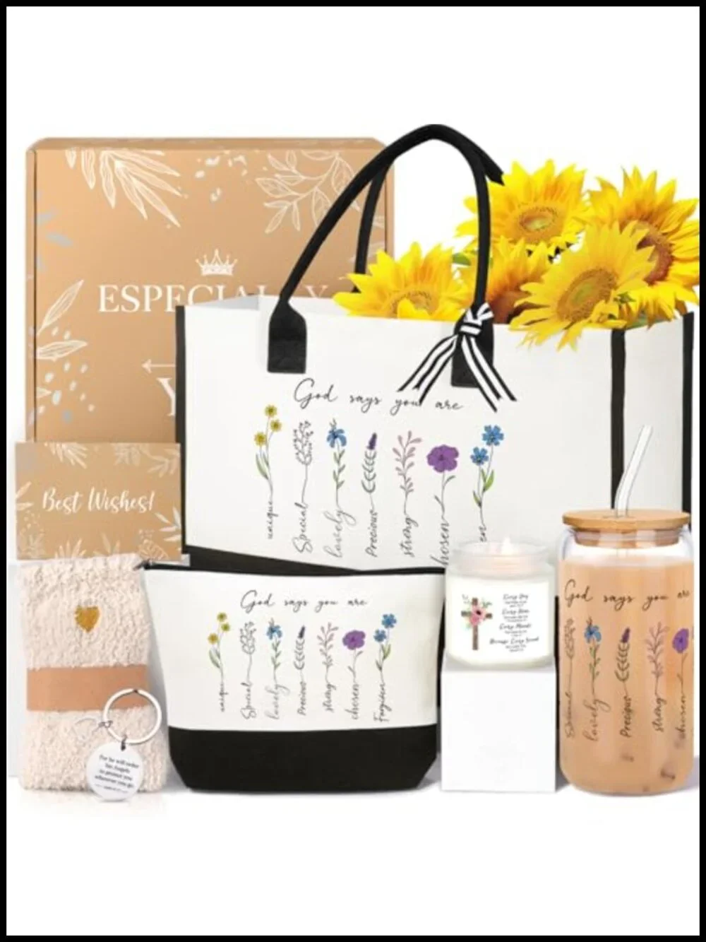 Christian Gift Basket Canvas Tote Bag 16oz Glass Cup Keychain Socks Candle